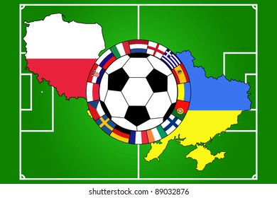 vector of football ball with fields, flags and contours of Poland and Ukraine