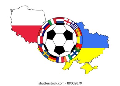 vector de pelota de fútbol con banderas contornos de Polonia y Ucrania