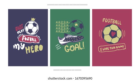 Vektorillustration Fußball. Eine Kollektion von Printdesigns für Jungen T-Shirts, Sportplakate. Illustrationen mit Fußball, Turnschuhen und Schriften.
