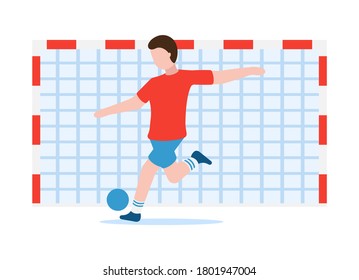 Vector football concept. Healthy lifestyle. Professional sports. A man in sportswear swings his leg and kicks a soccer ball into the goal. Can be used on websites and web banners.