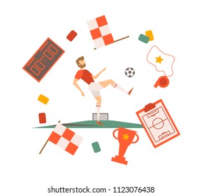 Vector football cup 2018 illustration in a flat style. Soccer player with a football at the stadium, green football field.   For backgrounds, wallpapers and textures