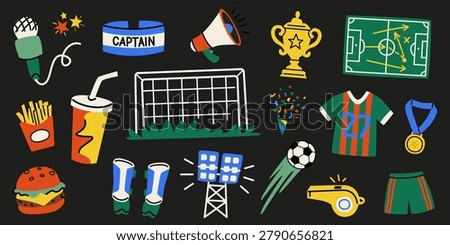 Vector football elements in cartoon doodle style on a black background. Sports equipment, a football player passing the ball, a microphone, sports uniforms, football goals and field, and a food court. Sports stickers, labels, posters, and branding