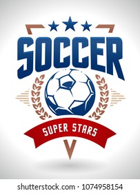 Vector football emblem on white background. Blue, red and bronze colours soccer club emblem template. 