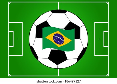 vector of football field and ball with waving flag of Brazil