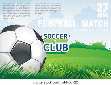 Vector football field and soccer ball on green grass. Abstract poster for sport design. Beautiful illustration with place for your text, eps8