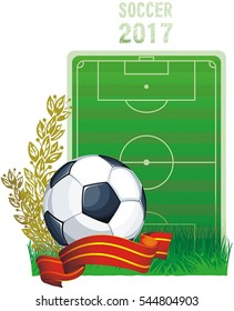 Vector football field and soccer ball on green grass. Abstract poster for sport design. Beautiful illustration with place for your text, eps8