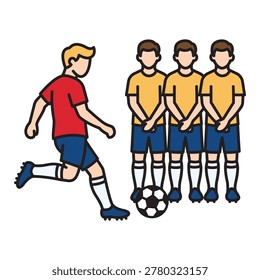 Vector football icon featuring a player kicking a ball at a defensive wall. Linear style with colorful fill and editable stroke outline for easy customization.