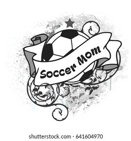 Vector Football illustration with the ball, ribbon, curls and title Soccer Mom on white background. You may use for t shirt design, banners, stickers