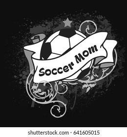 Vector Football illustration with the ball, ribbon, curls and title Soccer Mom on black background. You may use for t shirt design, banners, stickers