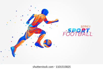 Vector football player with colorful spots isolated on white background. Liquid design with colored paintbrush. Soccer illustration with ball. Sports, athletics or competition theme. Winning concept.