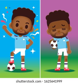 Vector football player, soccer player, characters in different emotion, winning and losing