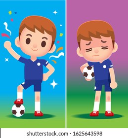 Vector football player, soccer player, characters in different emotion, winning and losing
