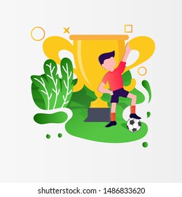 Vector - football player soccer with Trophy and ball on leaves background.Modern vector illustration concepts for Apps, website and mobile website development, Banner, site, poster 