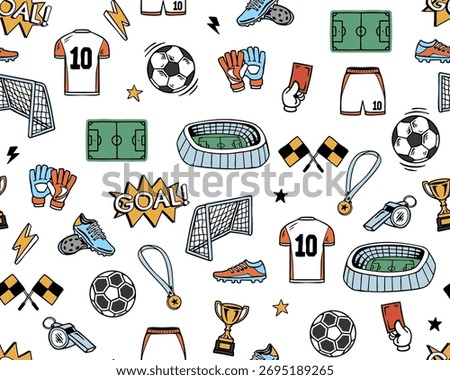 Vector football seamless pattern with soccer ball, goal, jersey, boots, gloves, trophy, stadium, medal, and field.