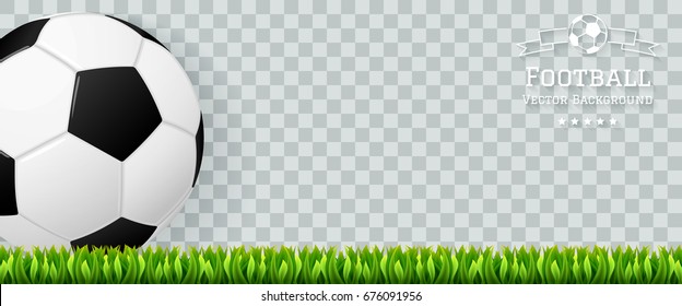 Vector football soccer ball on green pitch grass pop under banner with copyspace