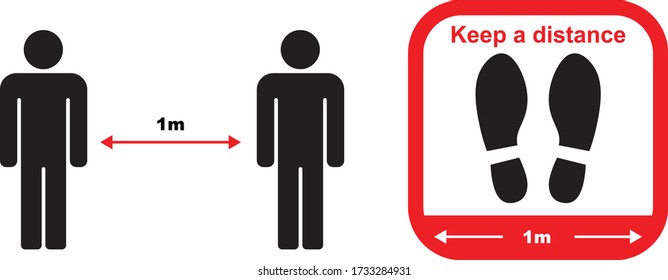 Vector of footprint sign red color with text keep your distance, 1m social distancing for print floor. Social distancing concept.