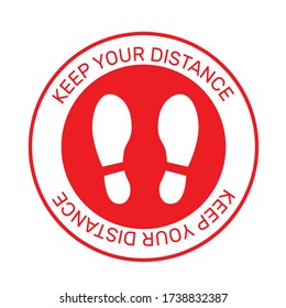 Vector of footprint sign red color with text keep your distance, 1m social distancing for print floor. 
