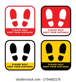 Vector of footprint sign red color with text keep your distance, 4 set sign symbol distance Vector Design. 1m social distancing for print floor. Social distancing concept.