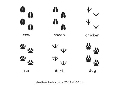 vector footprints of pets and farm animals in flat and outline style in black color