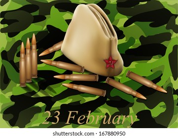 vector  forage-cap with bullets on military backdrop, dedicated to 23 February and Victory Day 