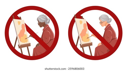 Vector forbidden clip arts set of old woman painting on easel.  Grandmother artist is prohibited. Drawing is forbidden. Collection of ban sign for articles and postcards