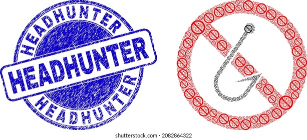Vector forbidden fishing hook icon mosaic is done from repeating recursive forbidden fishing hook elements. Headhunter dirty blue round seal print. Fractal mosaic of forbidden fishing hook icon.