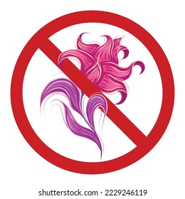 Vector forbidden sign with fabulous curled pink flowers.  Dont pick flowers. Prohibited badge with fairy pink poppy with violet leaves. Rare fantastic floral image in ban.