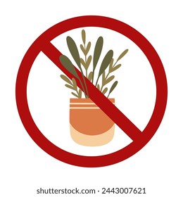 Vector forbidden sign with greenery in pot isolated from background. Risk of poisoning rom house plants. Do not pick or eat flowers. Planting flowers is prohibited.