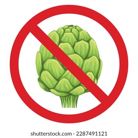 Vector forbidden sign with hand drawn artichokes isolated from background. Allergy danger. Prohibited  sticker with head of cabbage healthy vegetables. Food clipart in ban.