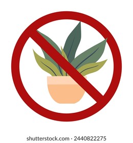 Vector forbidden sign with house plant in pot isolated from background. Risk of poisoning. Do not pick flowers. Planting flowers is prohibited.