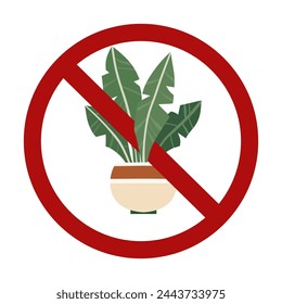 Vector forbidden sign with house plant isolated from background. Growing tropical flowers is prohibited. Do not touch rare flowers. Allergy danger