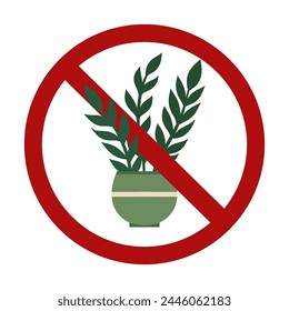 Vector forbidden sign with house plant in vase isolated from background. Growing tropical flowers in pots is prohibited. Do not touch rare flowers. Allergy danger