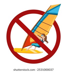 Vector prohibido signo con windsurf aislado de fondo. El surf en el mar está prohibido. Peligro de nadar en el mar. Actividades de adrenalina en Ban