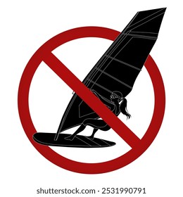 Vector prohibido signo con windsurf aislado de fondo. Silueta negra de surf en el mar con insignia prohibida. Peligro de nadar en el mar. Actividades de adrenalina en Ban