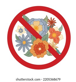 Vector Forbidden Sticker With Bouquet. Groovy Flowers In The Prohibition Sign. Ban On The Hippie Parade. Don T Pick Flowers. Retro In Ban