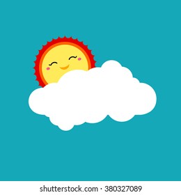 Vector forecast icon. Shining sun with smile face and white cloud shape on blue background. Cute kids design template for logo, card, banner, invitation, poster, menu. Kids art vector illustration.