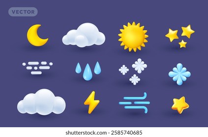 Vector forecast weather illustration of icon set with crescent moon, cloud, sun, star, wind symbol, rain drop, snowflake and thunderbolt. 3d cartoon style weather different element design