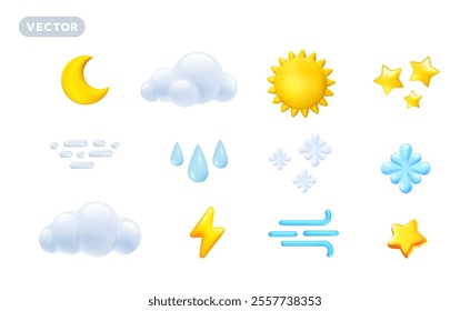 Vector forecast weather illustration of shine icon set with sun, fluffy cloud, crescent moon, star, wind symbol, rain drop, snowflake and thunderbolt. 3d cartoon style weather element design for app