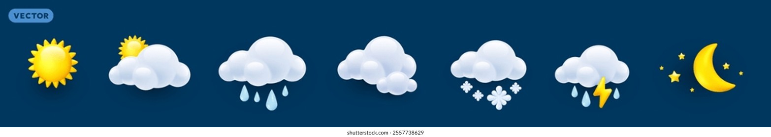 Vector forecast weather illustration of shine icon set with cloud, crescent moon, sun, rain drop, cold rainy thunder, winter snow. 3d cartoon style design of half moon, rain, sun, cloud and lightning