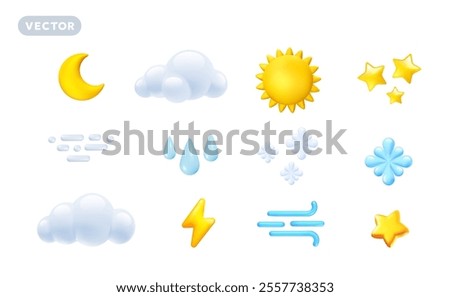 Vector forecast weather illustration of shine icon set with sun, fluffy cloud, crescent moon, star, wind symbol, rain drop, snowflake and thunderbolt. 3d cartoon style weather element design for app