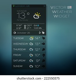 Vector Forecast Widget, blue tones. Vertical week information. Full icon set available in my portfolio. eps 10. Application for mobile phones, pads, desktop computers etc