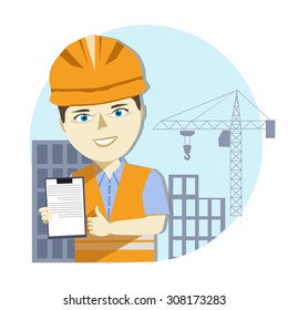 Vector foreman with documents in the building for your design