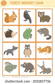 Vector forest animals and birds memory game cards with squirrel, raven, bear. Woodland matching activity. Remember and find correct card. Simple printable worksheet for kids with fox, wolf
