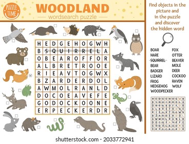 Vector Forest animals and birds wordsearch puzzle for kids. Simple woodland crossword with fox, bear, owl, squirrel for children. Educational keyword activity with badger, beaver, snake, deer, boar