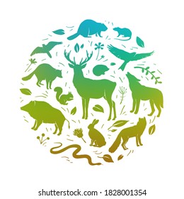 Vector forest animals collection in circle frame. Flat animals silhouettes in green colors. Design for t-shirt print, cover, poster, banner, card. File contains transparency and gradient mesh