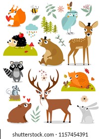 Vector forest animals collection including deer, bear, squirrel, fox, hedgehog, fawn, hare, raccoon, mouse, owl, bee. autumn forest. Cartoon animals. Cartoon characters.
