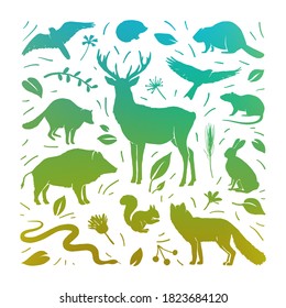 Vector forest animals collection in square frame. Green flat animals silhouettes with herbs. Print for t-shirt or bag. Design for poster, banner, card. File contains transparency and gradient mesh