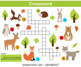 Vector Forest Animals Crossword in English. Education game for children with answer. Printable worksheet. Cute cartoon rabbit, fox, wolf, squirrel, owl, bear, deer, hedgehog.