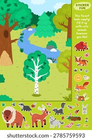 Vector forest animals cut glue activity. Crafting game with cute woodland landscape, boar, lynx, squirrel, deer. Wildlife printable worksheet. Complete picture. Fill up background for busy or sticker book
