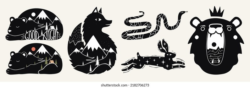 Vector forest animals illustration set of bears, fox, snake and rabbit symbol of year 2023. Black white sticker pack design template, apparel prints, home decoration lettering typography poster